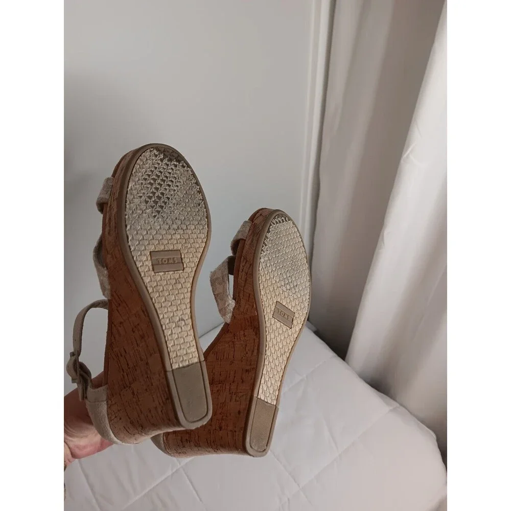 Toms Womens Seinna Wedge Cork Strappy Heels Tan Size 8.5